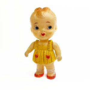 Vintage Rubber Toy  Baby Doll  Yellow Sun Dress Posable arms and head JAPAN